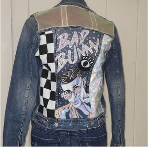 BAD BUNNY CUSTOM MADE FASHION JEAN JACKET RHINESTONE, MIX PRINT Size Small
